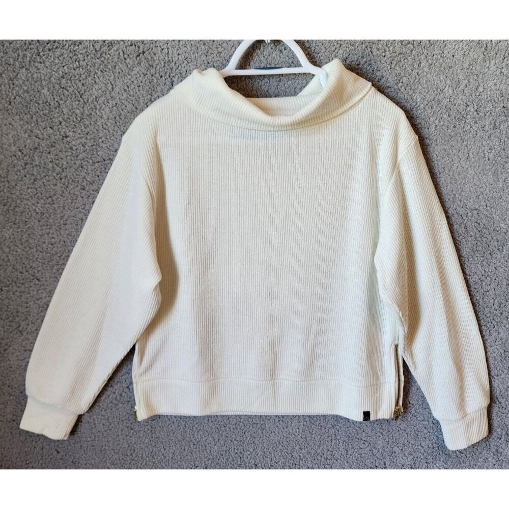 Varley Women's L/S Split Cowl Neck Side Zip Sweater Ribbed Knit Off White Size S